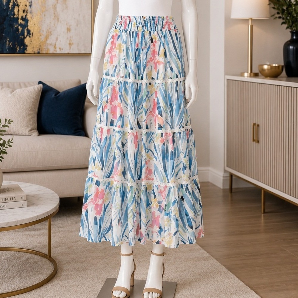 Allison New York Womens Sylvia Midi Skirt Floral Iris Tiered Crochet Large